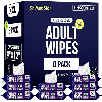 Adult Wipes for Elderly 8 Pack - Hospital Grade Extra Large Extra Thick Disposable Washcloths for Adult No-Rinse Bathing & Shower Alternative - Fragrance-Free XXL