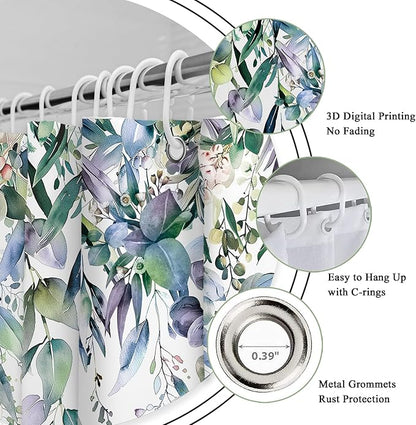 Riyidecor Extra Long Navy Eucalyptus Shower Curtain for Bathroom Decor 54Wx78H Eucalyptus Plants Leaves Botanical Leaf Floral Art Printed Fabric Polyester Waterproof 12 Pack Plastic