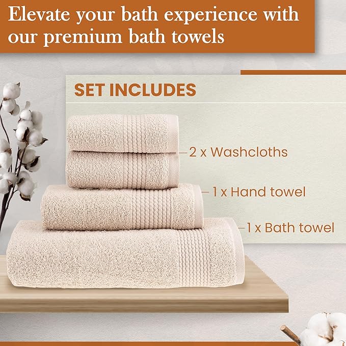 HALLEY Turkish Cotton Towels (Set of 4) 1 Bath Towel 1 Hand Towel 2 Washcloths, Super Soft Highly Absorbent 100% Cotton Towels for Bathroom and Kitchen for Mother’s Day (Ivory White)