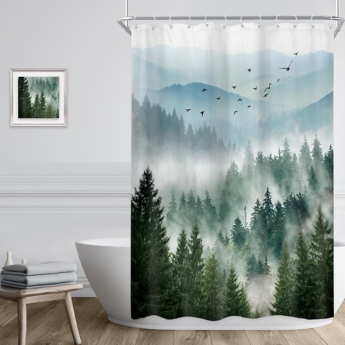 Riyidecor Green Mountain Shower Curtain，Stall Narrow Rv Small Nature Woods，Landscape Scenery Pine Tree Scenic Woodland Rustic Bathroom Decor，Fabric Polyester Waterproof 12 Pack Hooks 48Wx72H Inch