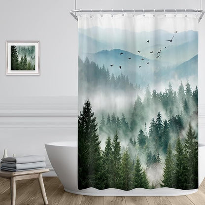 Riyidecor Green Mountain Shower Curtain，Stall Narrow Rv Small Nature Woods，Landscape Scenery Pine Tree Scenic Woodland Rustic Bathroom Decor，Fabric Polyester Waterproof 12 Pack Hooks 48Wx72H Inch