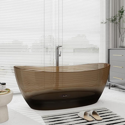 SJ STAR&JANE 65" Solid Surface Freestanding Bathtub Stone Resin Tub Oval Double Slippers Stand Alone Soaking Tub with Pop-up Drain and Overflow,Transparent Sepia