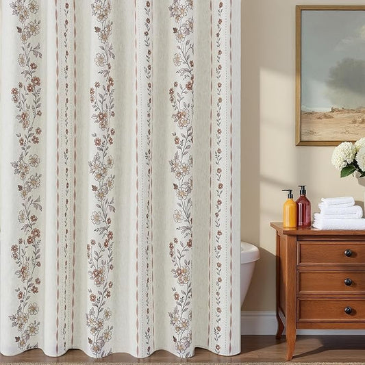 ORTIGIA Farmhouse Floral Shower Curtains for Bathroom Linen Boho Vintage Shower Curtain Set with Metal Hooks Waterproof Block Print Rustic Fabric Bath Curtain for Home, Weighted, 72x72