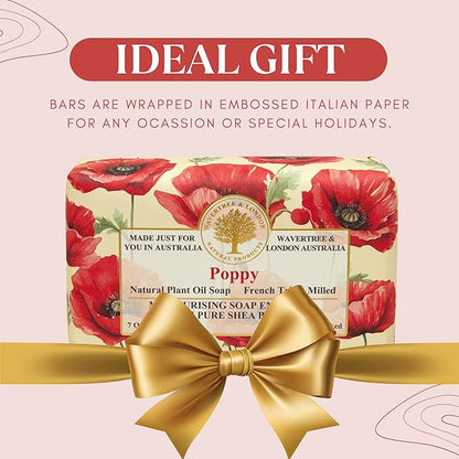 Wavertree & London Poppy Scented Natural Soap (2 Bars), 7oz Moisturizing French Triple Milled Soap Bars enriched with shea butter - Pure Plant Based Bath & Body Bars for All Skin Types
