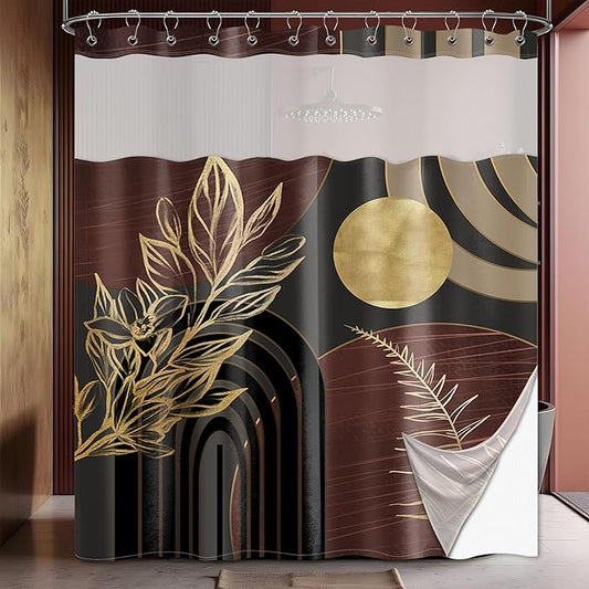 Dark Brown Boho See Through Mesh Top Shower Curtain with Window, Black and Brown Mid Century Modern Double Layer Shower Curtains with Snap in Liner, Waterproof Fabric with Hooks, 71x72 in