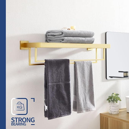 KOKOSIRI Towel Shelf Holder 20'' Bathroom Towel Rack with Two Bath Towel Bars Rails SUS304 Stainless Steel Wall Mount, Brushed Gold B6003BG-L20