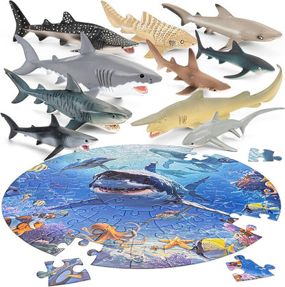 Shark Toys for Kids, 10PCS 5-8" Realistic Shark Figurines & 67PCS 20'' Large Sea Ocean Animals Jigsaw Puzzles Toys for Kids Ages 4-6, Birthday Party Favors & Gifts for Toddlers Boys Girls