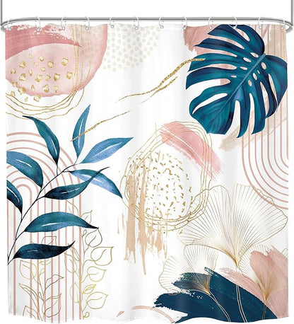 Pink Blue Boho Shower Curtain Modern Abstract Tropical Palm Leaves Bohemian Minimalist Gold Leaf Mid Century Plant Botanical Bathroom Decor 72Wx72H Bath Curtain Fabric Polyester 12 Pack Hooks