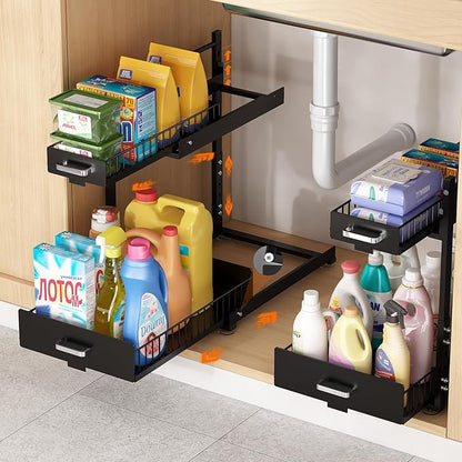 Under Sink Organizer,2 Tier Slide Out Kitchen Cabinet Organizers with Pulley,Under Bathroom Sink Pull Out Organizer with Multiple Height Adjustments for Kitchen and Bathroom Cabinets-Black