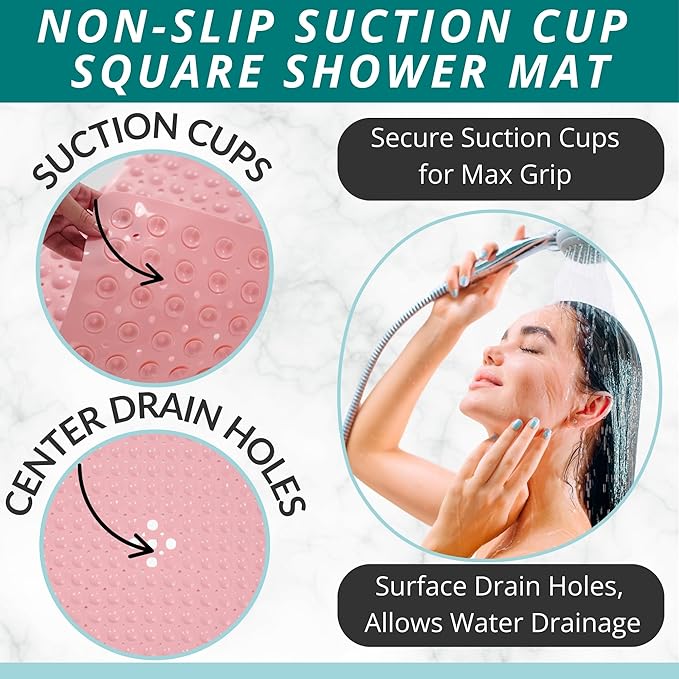 ENKOSI Square Shower Mat – 21 x 21 Inch Non-Slip Mat with Suction Cups and Drain Holes – Anti-Slip Square Bathroom Bathtub Shower Mats for Inside Shower (21x21 Baby Pink)