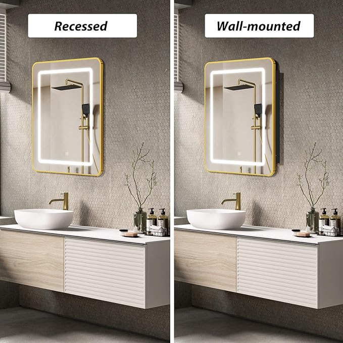 APRILSOUL 20X30 Inch Gold Bathroom Medicine Cabinet with Mirror, Recessed or Surface Lighted Medicine Cabinet with 3 Colors Temperature, Dimmable Light