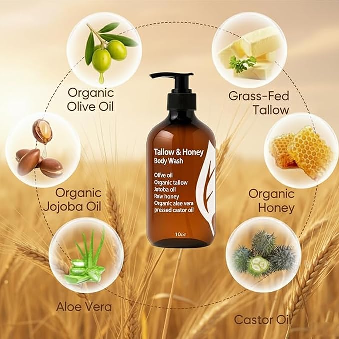 Tallow & Honey Body Wash,Tallow Body Wash with Grass-Fed Tallow,Aloe Vera,Organic Olive Oil,Organic Jojoba Oil and Honey,Natural Moisturizing Formula,Soothes Dry,Gentle Cleansing for Men & Women,10 Oz