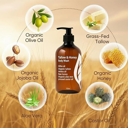 Tallow & Honey Body Wash,Tallow Body Wash with Grass-Fed Tallow,Aloe Vera,Organic Olive Oil,Organic Jojoba Oil and Honey,Natural Moisturizing Formula,Soothes Dry,Gentle Cleansing for Men & Women,10 Oz