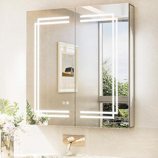 TokeShimi 30x32 Bathroom Mirror Medicine Cabinet with Light 3 Colors, Anti-Fog Tempered LED Mirror with Storage, Stepless Dimming CRI 80+, Memory Funtion, Wall Mirrored Cabinet for Bathroom Décor
