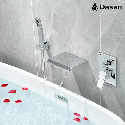 Upgraded Wall Mount Tub Filler Faucet with Handheld Shower, DASAN Modern Wall Mounted Bathtub Faucet Chrome High Flow Waterfall Tub Faucet with Rough in Valve, SA-TF04WH-PC