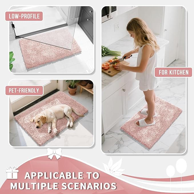 Yimobra Chenille Bathroom Rugs Non Slip, Extra Thick Soft Absorbent Bath Rug, Machine Washable Quick Dry Bath Mat for Bathroom Floor, Tub and Shower, Home Decor Accessories, 24x17, Pink
