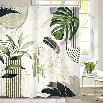 Grey Green Boho Shower Curtain 72Wx72H Abstract Tropical Palm Leaves Modern Bohemian Minimalist Gold Leaf Mid Century Plant Bathroom Decor Botanical Bath Curtain Fabric Polyester 12 Pack Hooks