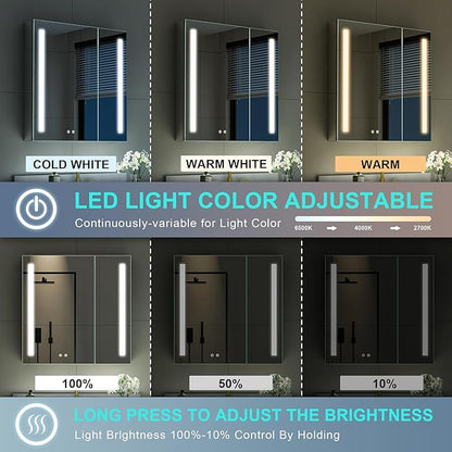 WELLFOR 30" X 30" LED Medicine Cabinet with Mirror, Double Opening Door, Recessed or Surface Cabinet Mirror, Bathroom Mirror Cabinet, Medicine Cabinet with Lights with Outlets & USB Ports