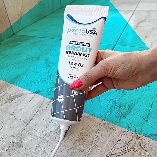 PentaUSA Tile Grout - Large Grout Filler Repairs Renews Tube, Fast Drying Grout Repair Kit, Odorless Formula - Grout Floater Included - 13.4oz / 380gr (White)