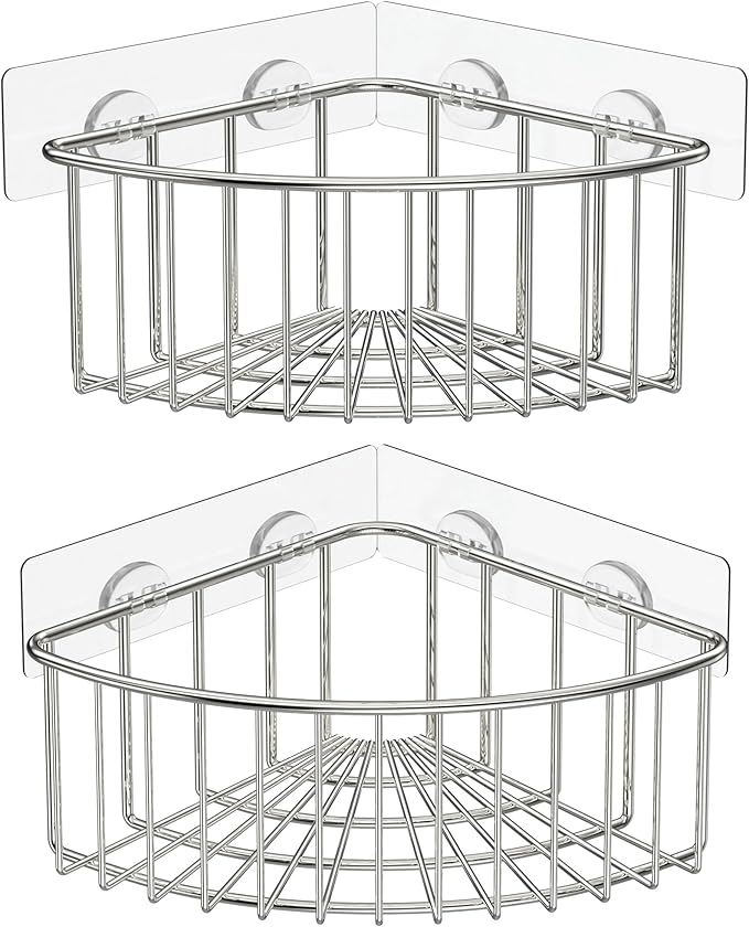 SMARTAKE 2-Pack Corner Shower Caddy Deep Basket Design, SUS304 Stainless Steel, Wall Mounted Bathroom Shelf with Adhesive, Storage Organizer for Toilet, Dorm and Kitchen (Silver)