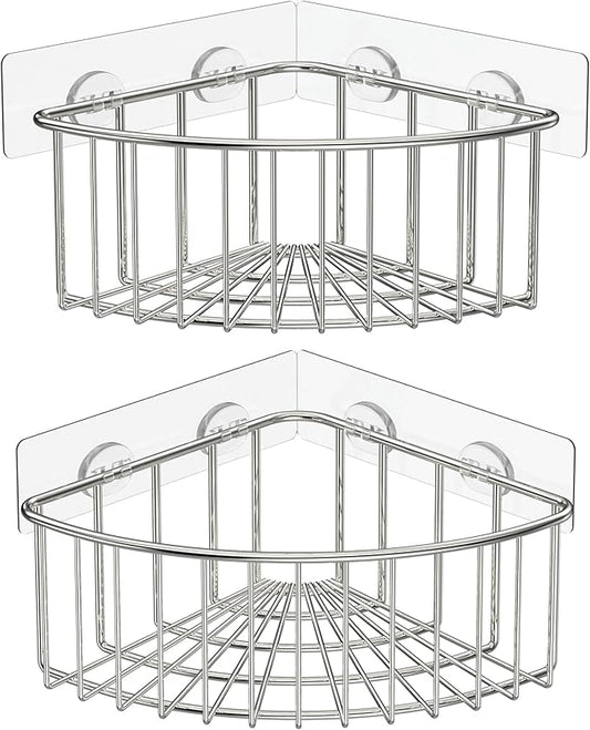SMARTAKE 2-Pack Corner Shower Caddy Deep Basket Design, SUS304 Stainless Steel, Wall Mounted Bathroom Shelf with Adhesive, Storage Organizer for Toilet, Dorm and Kitchen (Silver)