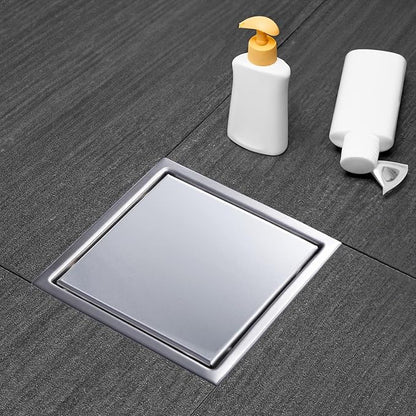 Square Shower Drain, Silver Shower Drain 6 inch with Flange and 2 in 1 Tile-Insert Cover, AISI 304 Stainless Steel Shower Floor Drain with Hair Catcher and Flange