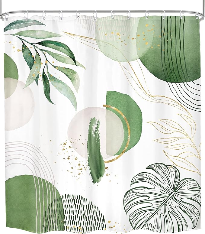Extra Long Green Boho Shower Curtain 72Wx78H Mid Century Modern Abstract Tropical Gold Olive Palm Leaves Plant Geometric Bathroom Decor Minimalist Bath Curtain Fabric Polyester 12 Pack Hooks