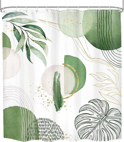 Extra Long Green Boho Shower Curtain 72Wx78H Mid Century Modern Abstract Tropical Gold Olive Palm Leaves Plant Geometric Bathroom Decor Minimalist Bath Curtain Fabric Polyester 12 Pack Hooks