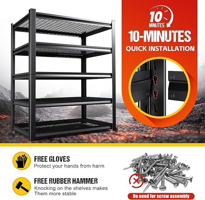 71"H Garage Shelving Heavy Duty Storage Shelves, 5-Tier Adjustable Metal Shelving Unit, Utility Garage Organizer Shelf for Basement, Pantry, Warehouse, supermarket, 45.6"W x 17.7"D x 71.2"H