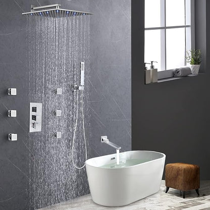 Brushed Nickel 4 Way Full Body Thermostatic Shower Faucet System 12 Inch Luxury Rain Shower System with Tub Spout, Handheld Shower and 6 PCS Body Jets Shower Fixtures