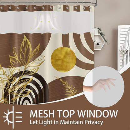 Black and Brown Bohemian See Through Mesh Top Shower Curtain with Window, Dark Tan Mens Double Layer Shower Curtains with Snap in Liner with Magnets, Waterproof Fabric with Hooks, 71x72 in