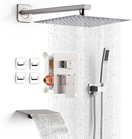 Shower Faucet Set with Tub Spout, Brushed Nickel Rainfall Shower System Complete Wall Mounted for Bathroom with 12 Inch Square Shower Head and Handheld Shower Head Rain Mixer Combo Set