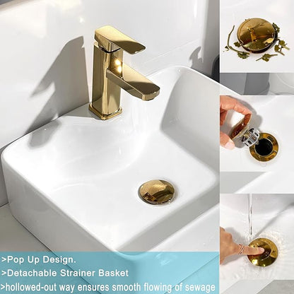 Bathroom Sink Drain, 5 Pack Gold Drain Stopper Bathroom Sink Without Overflow, Pop Up Drain Assembly with Detachable Strainer Basket, Built-in Anti-Clogging Strainer,Stainless Steel