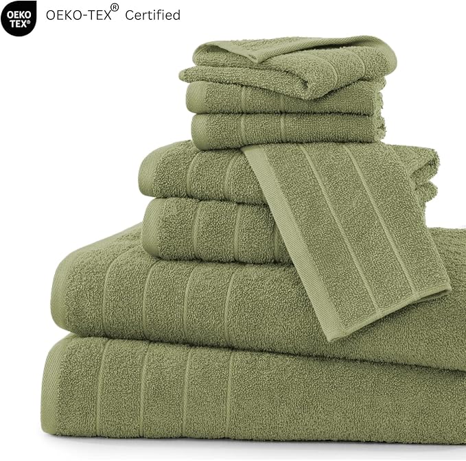 Casa Platino 100% Cotton 8 Piece Bath Towel Set - Ring Spun, Quick Dry, Super Soft & Highly Absorbent - 2 Bath, 4 Washcloths, 2 Bathroom Hand Towels - Hotel Quality Bathroom Towel Set - Oil Green