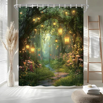 Fantasy Forest Path Shower Curtain Fairy Magical Enchanted Misty Jungle Mushroom Floral Tree Butterfly Lantern Wonderland Plant Bath Curtain Fabric Bathroom Accessories Decor with Hooks 55W x70L