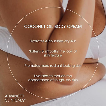 Advanced Clinicals Coconut Oil Body Cream For Women & Men | Hydrating Coconut Lotion For Extremely Dry Skin | Visible Anti Aging Body Butter Skin Care Balm Moisturizer For Hand, Heel, Feet, 16oz, 2PC