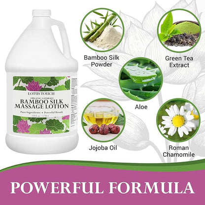 Organic Naturals Bamboo Silk Massage Lotion by Lotus Touch - 100% Pure Bamboo Silk Powder, Green Tea Extract & Aloe Vera - Unscented - Moisturizing, Fast Absorbing - Soft, Silky Glide - 1 Gallon