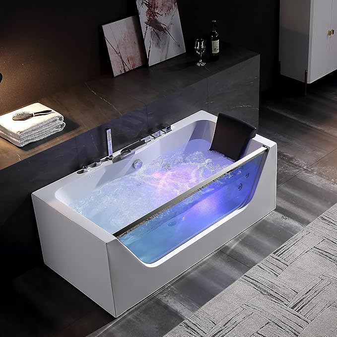 Empava 59 x 29" Whirlpool Tub,750W Acrylic Jetted Bathtub with 11 Jets,Hydromassage with Chromatherapy,3-Side Apron,58 Gallons,ETL Certified
