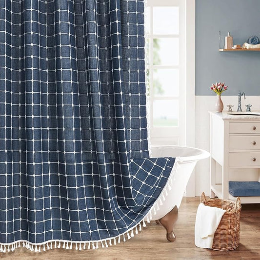 MitoVilla Navy Blue 72 x 78 Farmhouse Shower Curtain, Boho 78 inch Long Polyester Linen Tassel Fabric Shower Curtain Set for Chic Cottagecore French Rustic Bathroom Decor