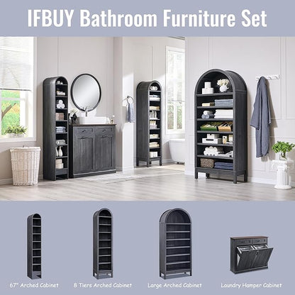 71" Tall Arched Bathroom Storage Cabinet, 7-Tier Modern Farmhouse Storage Cabinet with Adjustable Shelves, Wood Freestanding Cabinet for Bathroom, Living Room, Entryway, Hallway (Dark Grey)