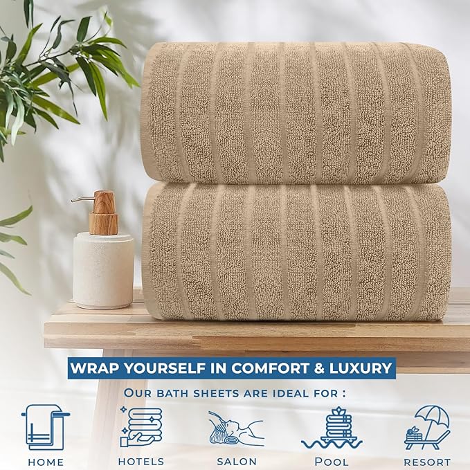 DAN RIVER Pack of 2 Bath Sheet 35x70 Inches, Ribbed Big Towels Oversized Extra Large Bath Towel, Absorbent Organic Cotton Towel - Tan