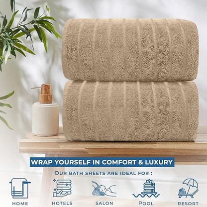 DAN RIVER Pack of 2 Bath Sheet 35x70 Inches, Ribbed Big Towels Oversized Extra Large Bath Towel, Absorbent Organic Cotton Towel - Tan