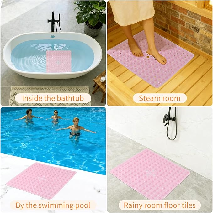 Anti-Slip Bathtub Shower mat, 20.8×20.8（Approximately 53×53cm） inch Soft Oversized Machine Washable Non-Slip Bathtub mat with Drainage Holes, Bathroom Floor Suction Cup.（1-Clear Pink）