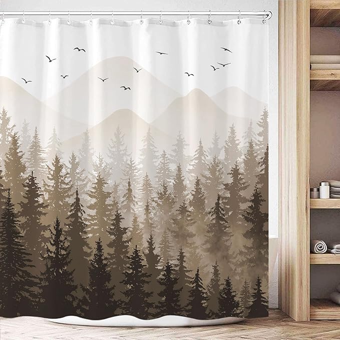 Aipon Brown Misty Forest Shower Curtain Ombre Nature Tree Plants Shower Curtains Fabric Waterproof Mountain Shower Curtain Sets for Bathroom Bath Decor with 12 Hooks (Brown, 72'' × 78'')