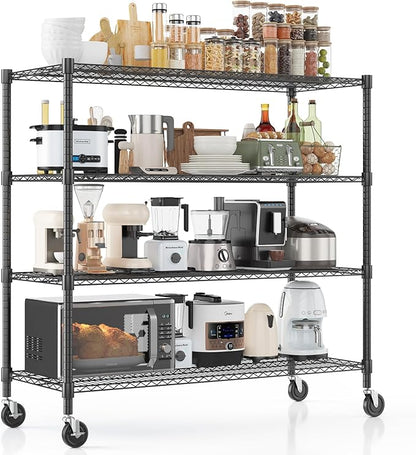 Homdox Heavy Duty Metal Shelves for Storage, 4 Tier Storage Racks and Shelving, Commercial Adjustable Wire Shelving Unit on Wheels, Garage Rack Pantry Shelves Kitchen Shelving, 18"x48"x72", Black