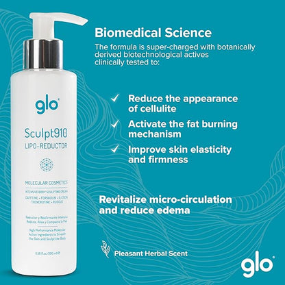 Glo Sculpt910 Cellulite Remover Cream - Advanced Anti-Cellulite Cream with Nanotechnology for Fast Cellulite Treatment, Skin Firming and Tightening Lotion - Targets Arms, Thighs, Butt, Hips and Belly