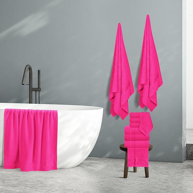 Belizzi Home 100% Cotton Towel Set, Contains 6 Soft Bath Towel, 6 Hand Towels, 12 Wash Cloths - Compact Absorbent Lightweight & Quickdry Towels for Bathroom - 24 Piece Bathroom Towel Set - Hot Pink