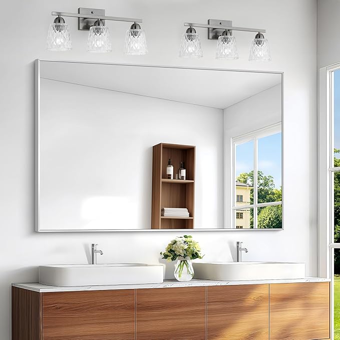 BONEWEI Silver Bathroom Mirror,55x36 inch Wall Mirror for Bathroom Wall Mounted,Large Rectangle Mirror for Bathroom Over Sink,Modern Metal Frame for Living Room,Bedroom Entryway,Horizontal/Vertical