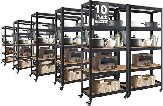 HOMEDANT House 5-Tier Metal Rolling Cart Shelf Rack Casters Heavy Duty Laminated Wheel Shelving Unit Adjustable Utility Storage Shelves Organizer Shelf Kitchen Garage (10, (S) 24.4" W, Black)