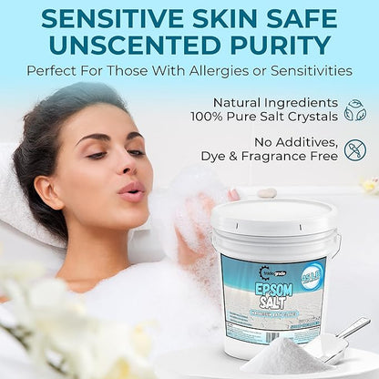 Epsom Salt Bath Soak 45 lb Bucket – Unscented, Pure Epsom Salt Bulk Crystals, Magnesium Sulfate for Full Body or Foot Soaks, Resealable Container with Scoop for Home Bath Use